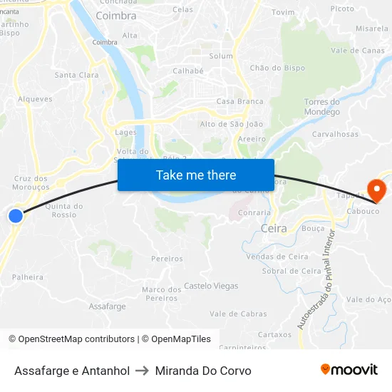 Assafarge e Antanhol to Miranda Do Corvo map