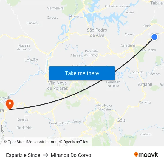 Espariz e Sinde to Miranda Do Corvo map