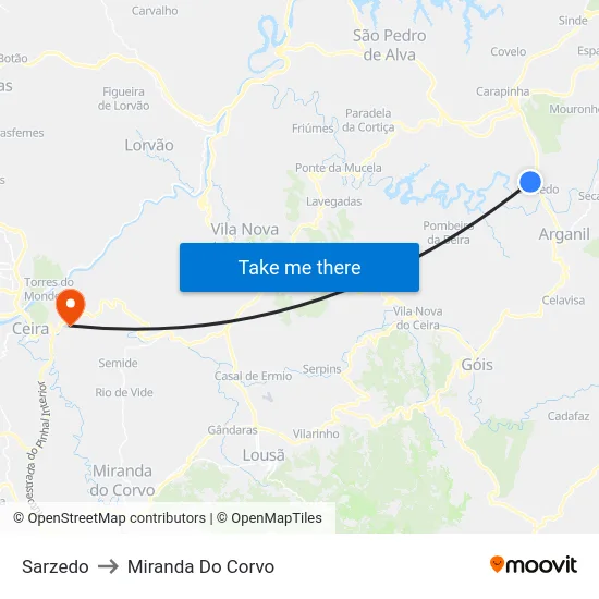 Sarzedo to Miranda Do Corvo map