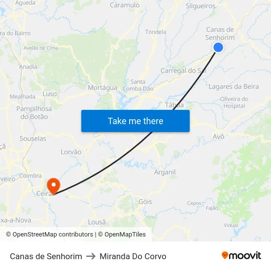 Canas de Senhorim to Miranda Do Corvo map
