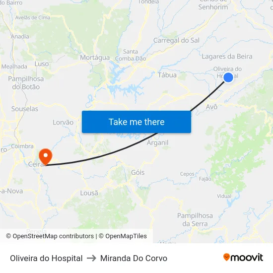 Oliveira do Hospital to Miranda Do Corvo map