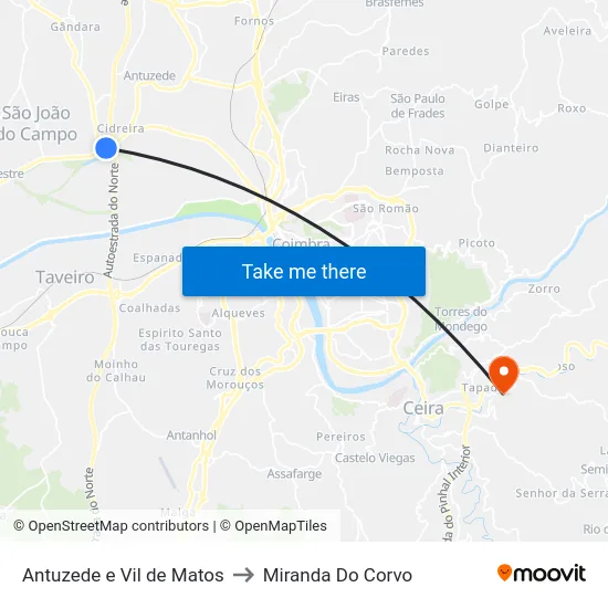 Antuzede e Vil de Matos to Miranda Do Corvo map