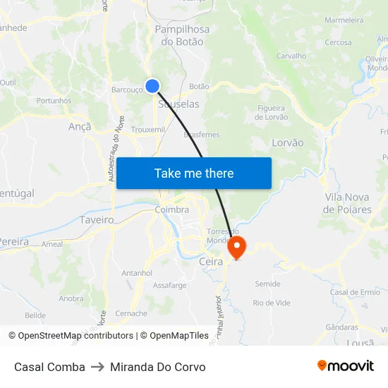 Casal Comba to Miranda Do Corvo map