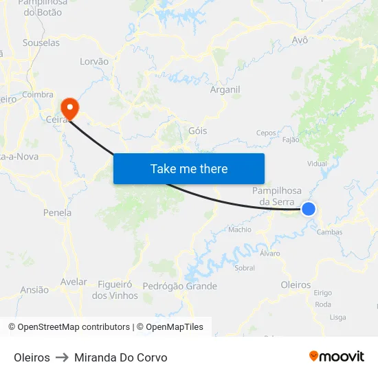 Oleiros to Miranda Do Corvo map