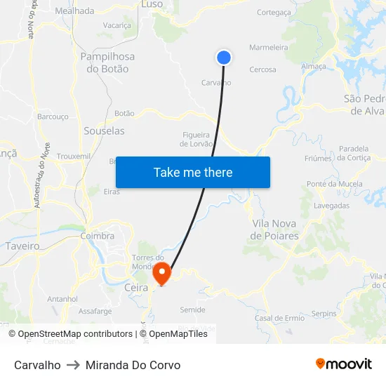 Carvalho to Miranda Do Corvo map
