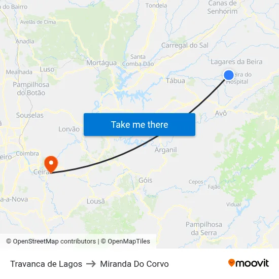 Travanca de Lagos to Miranda Do Corvo map