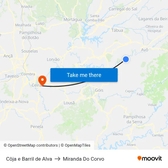 Côja e Barril de Alva to Miranda Do Corvo map