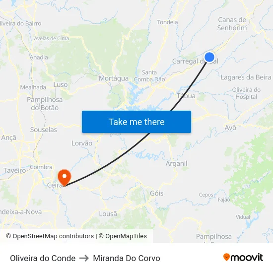 Oliveira do Conde to Miranda Do Corvo map