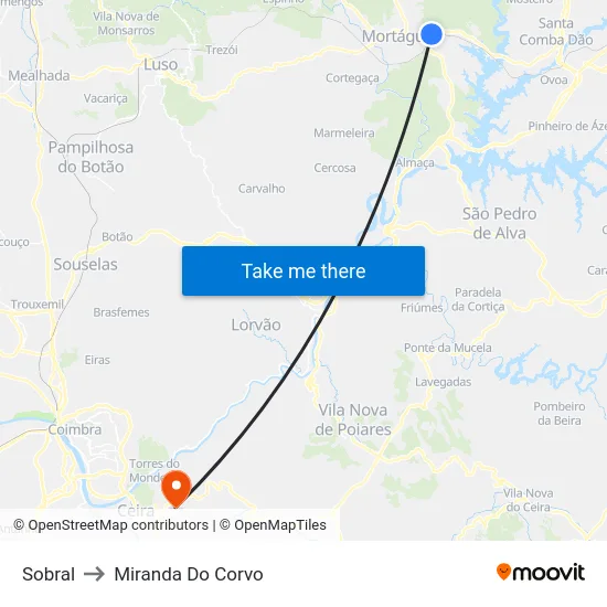 Sobral to Miranda Do Corvo map