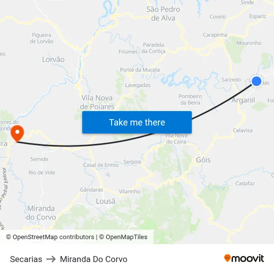 Secarias to Miranda Do Corvo map