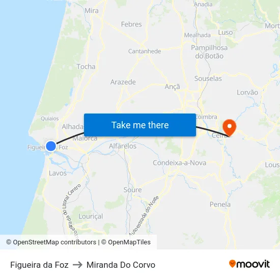 Figueira da Foz to Miranda Do Corvo map