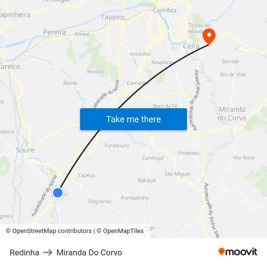 Redinha to Miranda Do Corvo map