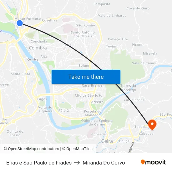 Eiras e São Paulo de Frades to Miranda Do Corvo map