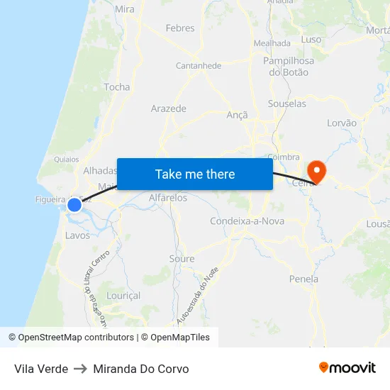 Vila Verde to Miranda Do Corvo map