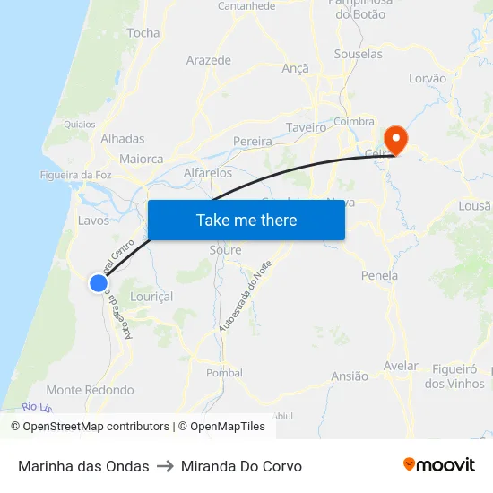 Marinha das Ondas to Miranda Do Corvo map