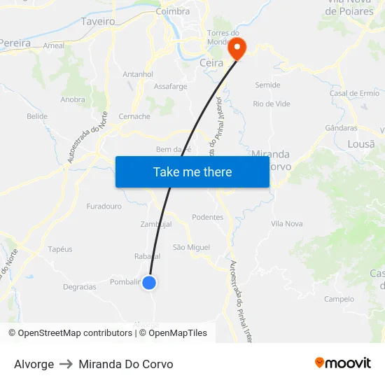 Alvorge to Miranda Do Corvo map