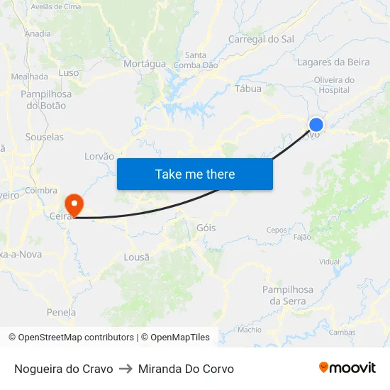 Nogueira do Cravo to Miranda Do Corvo map