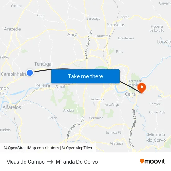 Meãs do Campo to Miranda Do Corvo map