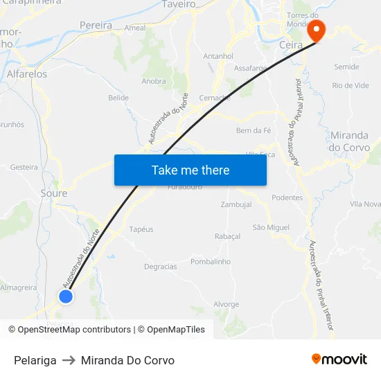Pelariga to Miranda Do Corvo map