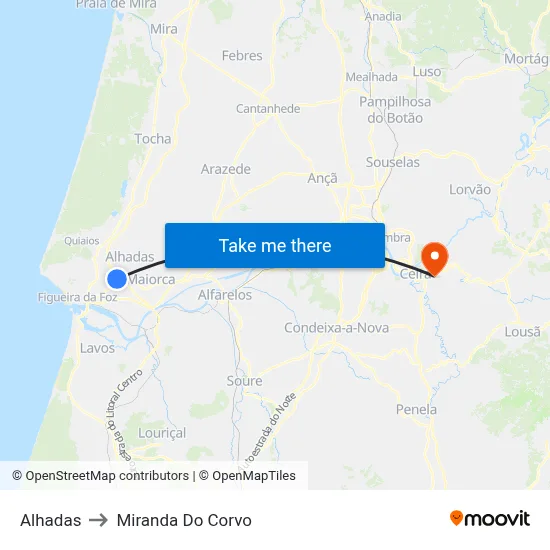 Alhadas to Miranda Do Corvo map