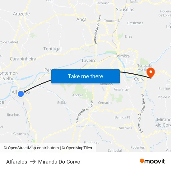 Alfarelos to Miranda Do Corvo map