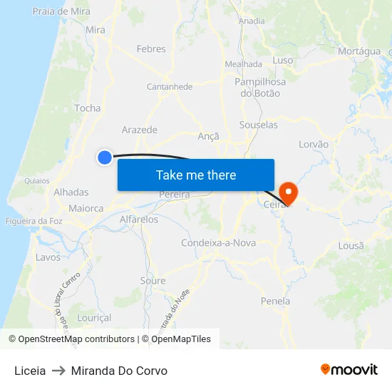 Liceia to Miranda Do Corvo map