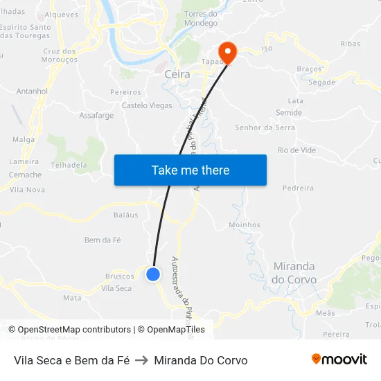 Vila Seca e Bem da Fé to Miranda Do Corvo map