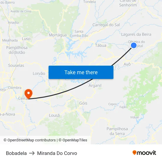 Bobadela to Miranda Do Corvo map