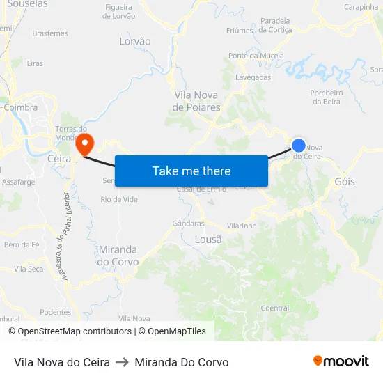 Vila Nova do Ceira to Miranda Do Corvo map