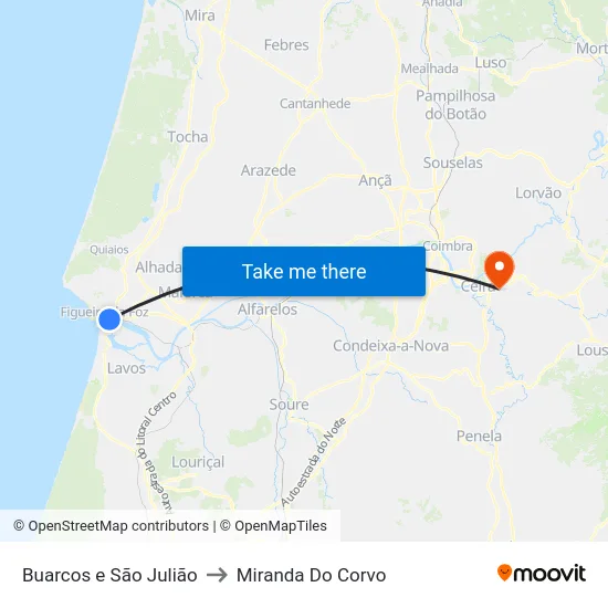 Buarcos e São Julião to Miranda Do Corvo map