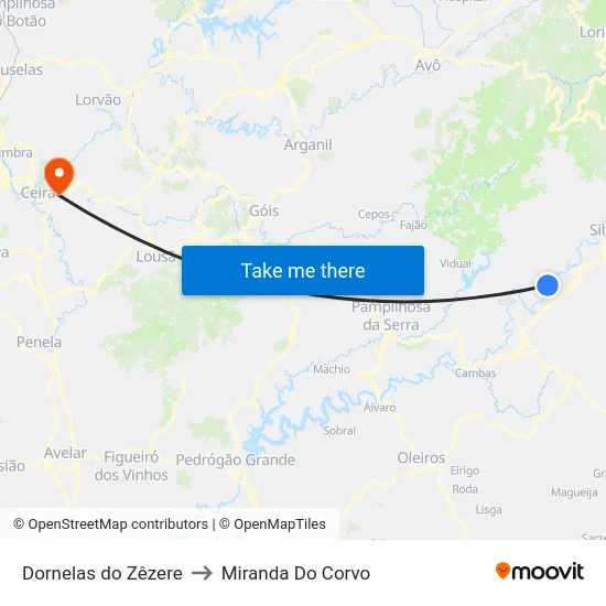 Dornelas do Zêzere to Miranda Do Corvo map