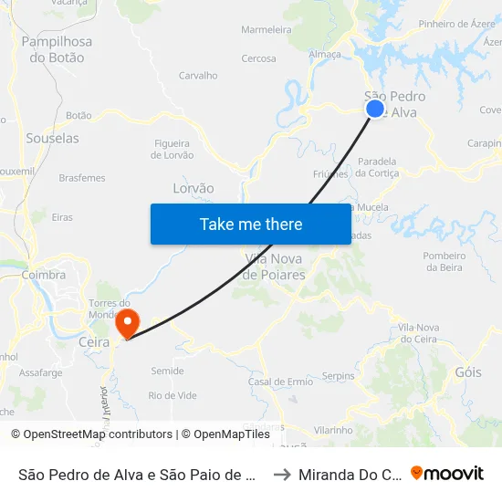 São Pedro de Alva e São Paio de Mondego to Miranda Do Corvo map