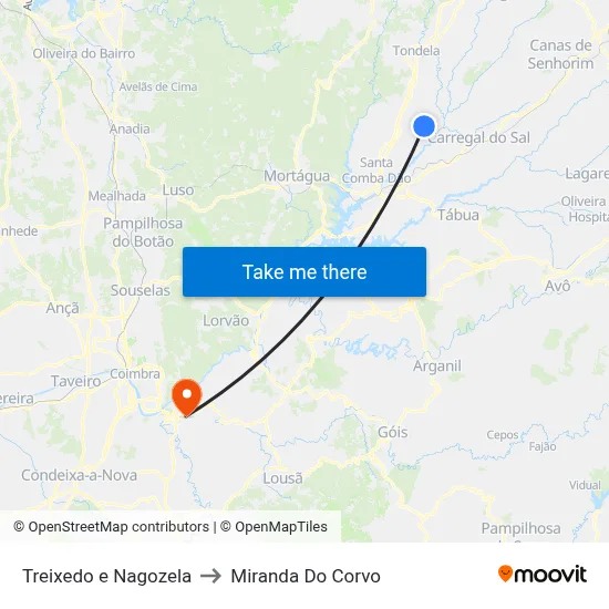 Treixedo e Nagozela to Miranda Do Corvo map