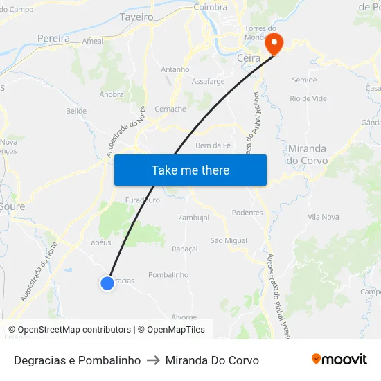 Degracias e Pombalinho to Miranda Do Corvo map