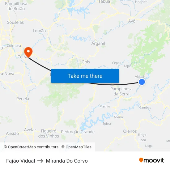 Fajão-Vidual to Miranda Do Corvo map