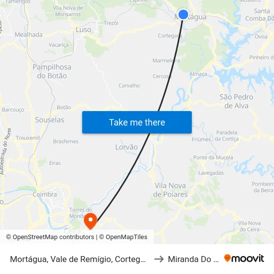 Mortágua, Vale de Remígio, Cortegaça e Almaça to Miranda Do Corvo map