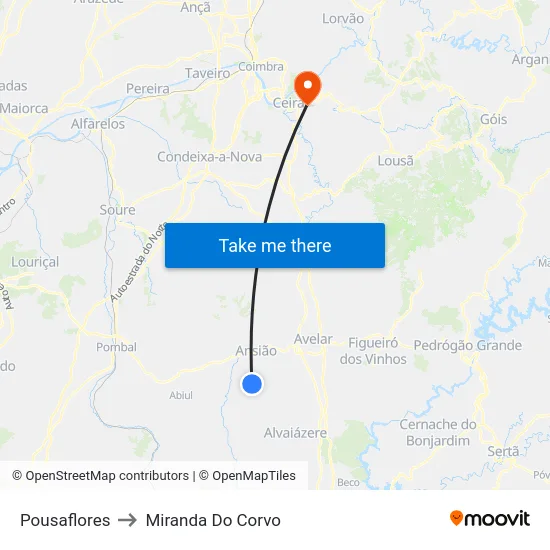 Pousaflores to Miranda Do Corvo map