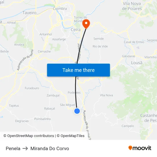 Penela to Miranda Do Corvo map