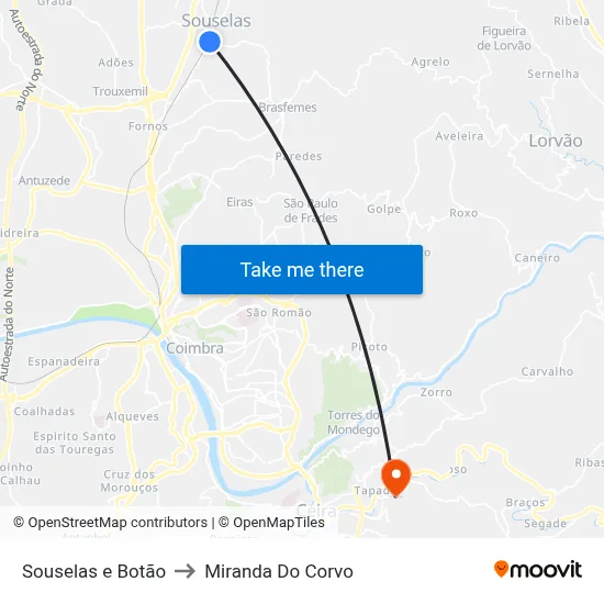 Souselas e Botão to Miranda Do Corvo map