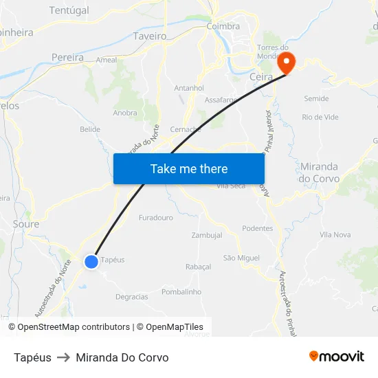 Tapéus to Miranda Do Corvo map