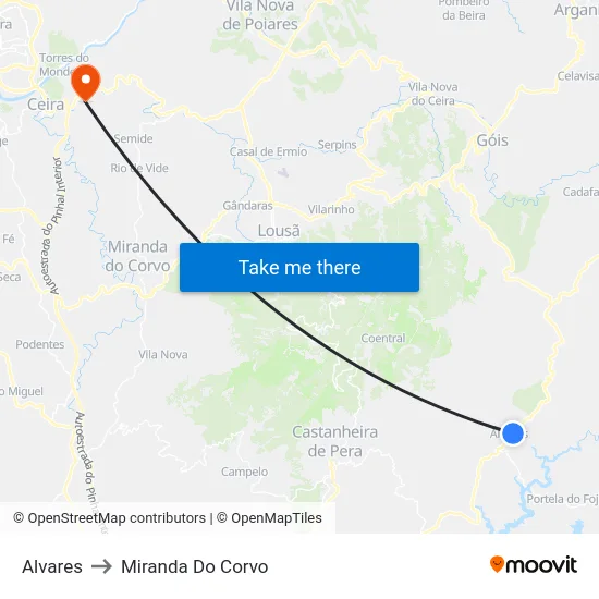 Alvares to Miranda Do Corvo map