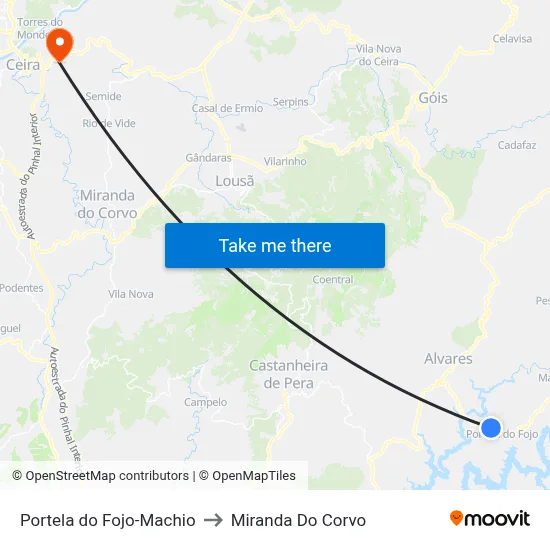 Portela do Fojo-Machio to Miranda Do Corvo map