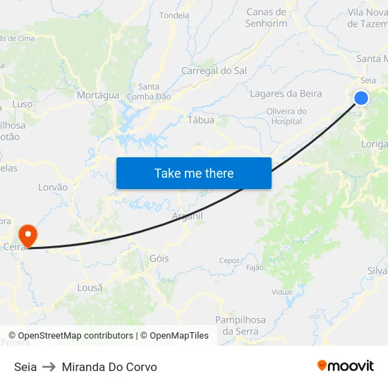 Seia to Miranda Do Corvo map