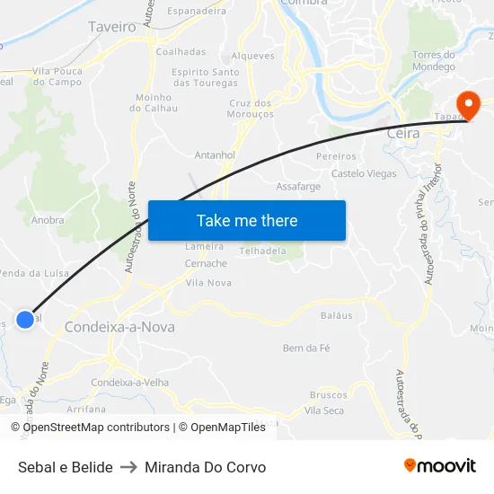 Sebal e Belide to Miranda Do Corvo map