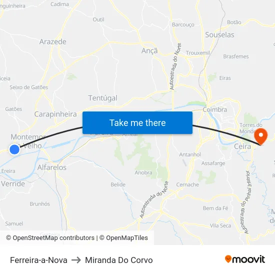 Ferreira-a-Nova to Miranda Do Corvo map