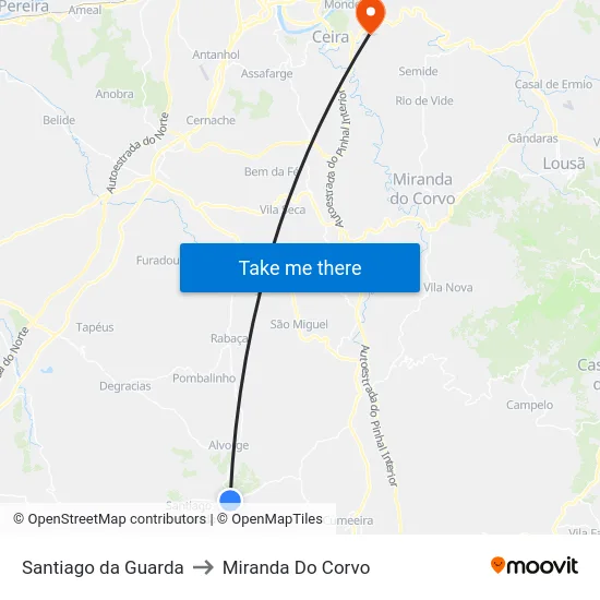 Santiago da Guarda to Miranda Do Corvo map