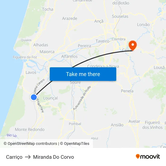 Carriço to Miranda Do Corvo map