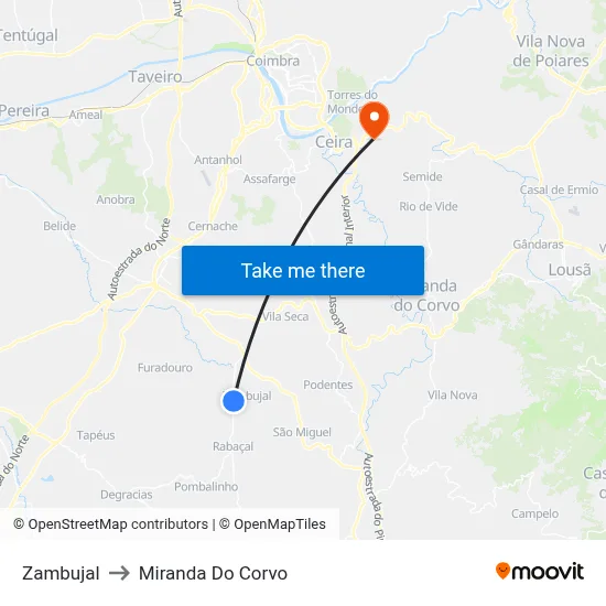 Zambujal to Miranda Do Corvo map