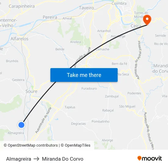 Almagreira to Miranda Do Corvo map