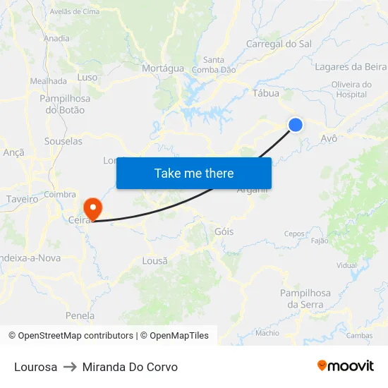Lourosa to Miranda Do Corvo map